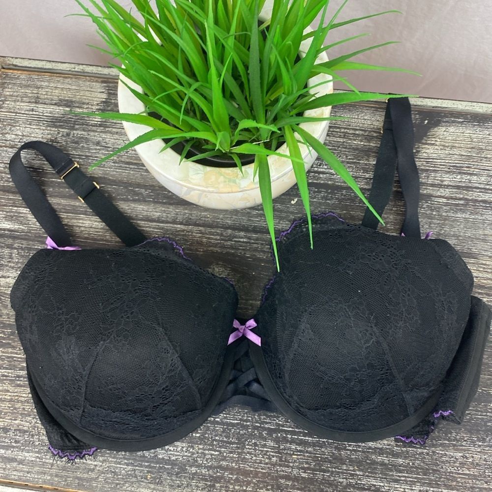 Cacique Black Lightly Lined Lace Cup Underwire Feminine Balconette Bra 42DD